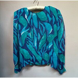Vintage Spenser Jeremy Women Silk Blouse Size 14 Long Sleeve Blue Green Abstract